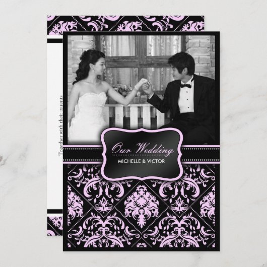 Elegantes Pastellrosa und Schwarzes Damaskus Hochz Einladung (Vorne/Hinten)