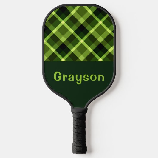 Elegantes Pea Green Kariert Monogram Pickleball Pa Schläger (Vorderseite)