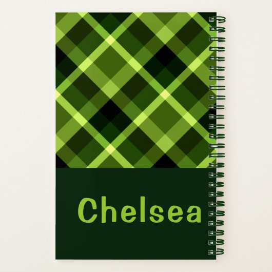 Elegantes Pea Green Kariert Monogram Spiral Notebo Notizblock (Rückseite)