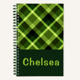 Elegantes Pea Green Kariert Monogram Spiral Notebo Notizblock