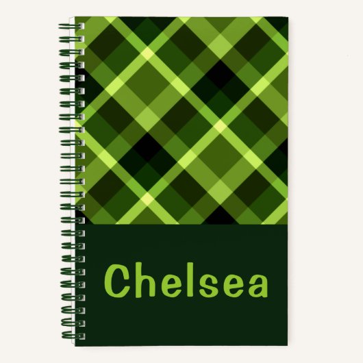 Elegantes Pea Green Kariert Monogram Spiral Notebo Notizblock (Vorderseite)