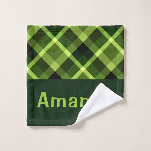 Elegantes Pea Green Kariert Monogram Washtuch Waschlappen (Waschlappen)