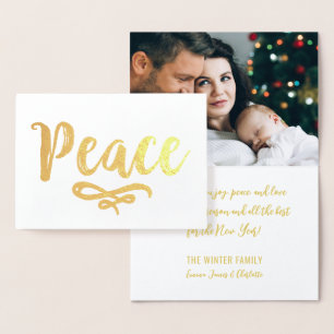 Elegantes Peace Script Weihnachtsfoto Gold Folienkarte
