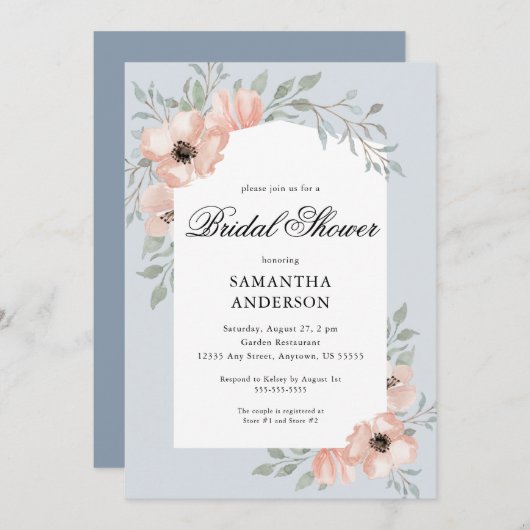 Elegantes Peach Blume Dusty Blue Brautparty Einladung (Vorne/Hinten)