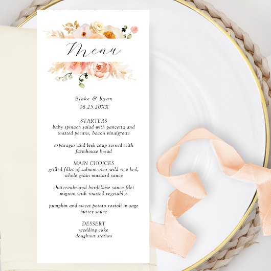 Elegantes Peach, Blush and Champagne Wedding Menu Menükarte