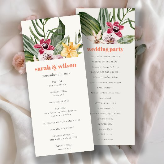 Elegantes Peach Blush Boho Tropical Floral Program Einladung