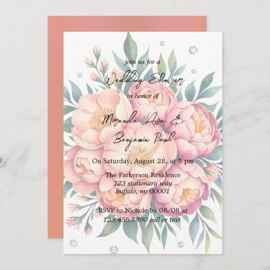 Elegantes Peach Bouquet mit Diamonds Polterabend Einladung (Vorne/Hinten)
