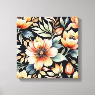 Elegantes Peach Floral Muster auf schwarzem Hinter Leinwanddruck