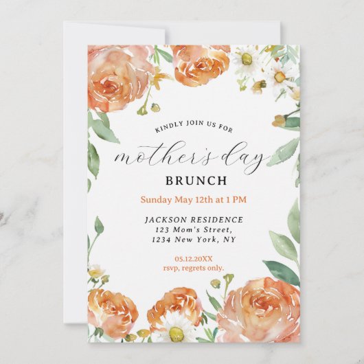 Elegantes Peach Floral Mutter's Day Brunch Einladung (Vorderseite)