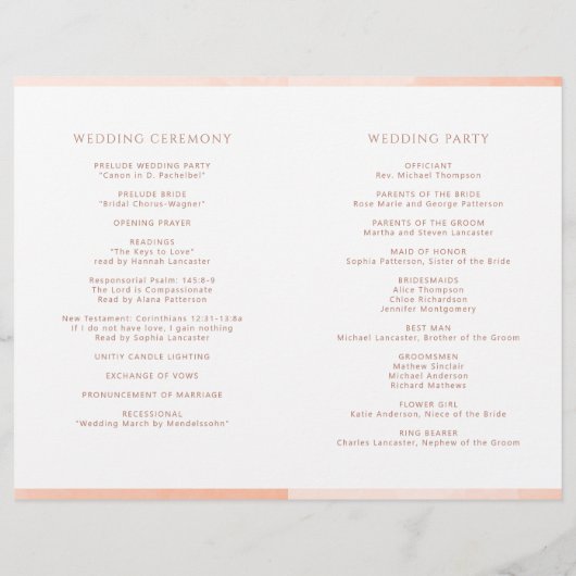 Elegantes Peach Folded Wedding Zeremony Programm (Rückseite)