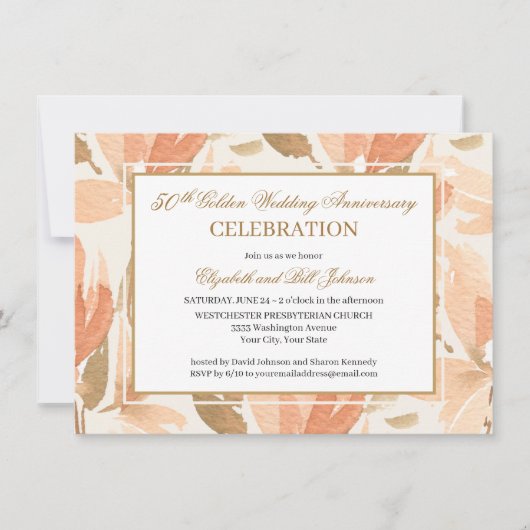 Elegantes Peach Gold Cream 50. Hochzeitstag Einladung (Vorderseite)