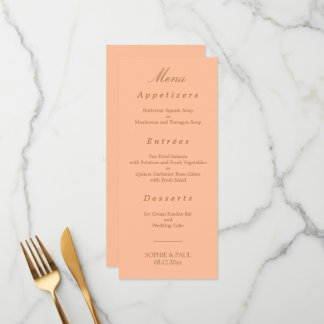 Elegantes Peach Golden Beige Wedding Menu Menükarte