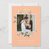 Elegantes Peach Green Blätter Probe Abendessen Fot Einladung (Rückseite)