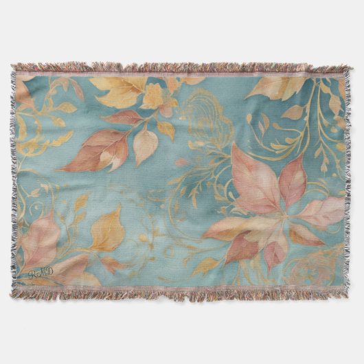 Elegantes Peach Leaf Gemütliches Cyan Blush Floral Decke (Vorderseite)