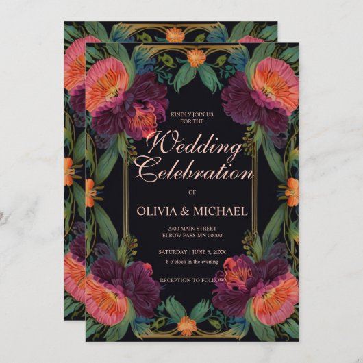 Elegantes peach magenta vintage Hochzeit Einladung (Vorne/Hinten)