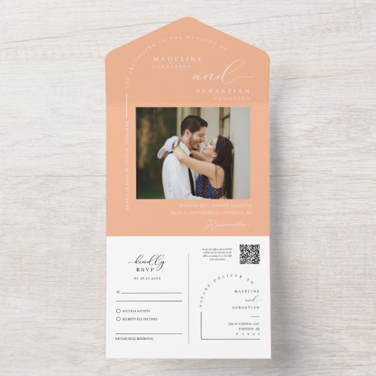 Elegantes Peach Minimal Arch QR Code Foto All In One Einladung (Innen Boden)