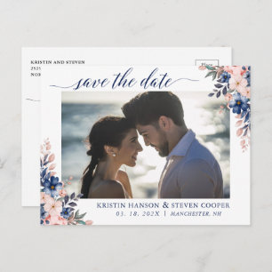 Elegantes Peach Navy Blue Floral Foto Save the Dat Postkarte