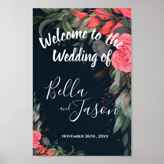 Elegantes Peach Orange Floral Wedding Welcome Sign Poster (Vorne)