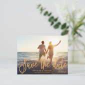 Elegantes peach orange Skript 2 Fotos Save the Dat Postkarte (Stehend Vorderseite)