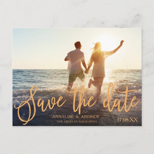 Elegantes peach orange Skript 2 Fotos Save the Dat Postkarte (Vorderseite)