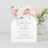 Elegantes Peach Peonies Cream Rose Brautparty Einladung (Stehend Vorderseite)