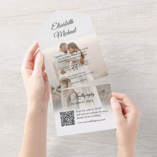 Elegantes Peach QR Code Foto Hochzeit All In One Einladung (Abreißen)