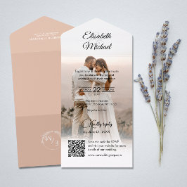 Elegantes Peach QR Code Foto Hochzeit All In One Einladung