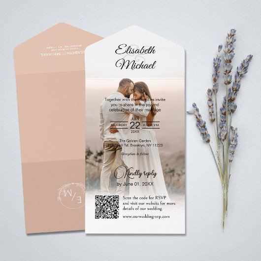 Elegantes Peach QR Code Foto Hochzeit All In One Einladung