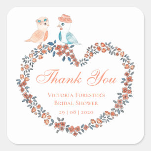 Elegantes Peach Watercolor Love Bird Brautparty Quadratischer Aufkleber
