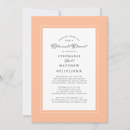 Elegantes Peach White Wedding Probe Dinner Chic Einladung (Vorderseite)