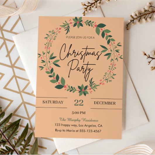 Elegantes Peach Wreath Weihnachts-Party Einladung