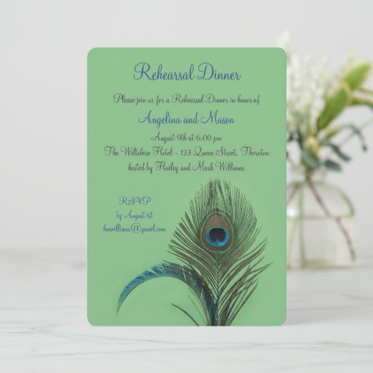 Elegantes Peacock Probe Dinner (grün) Einladung (Stehend Vorderseite)