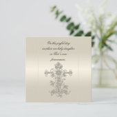 Elegantes Pearl Satin Cross Taufe Einladung (Stehend Vorderseite)