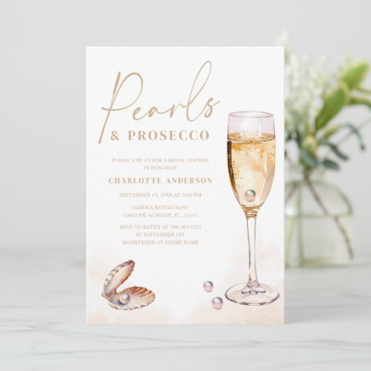 Elegantes Pearls Prosecco Brautparty Einladung (Stehend Vorderseite)