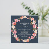 Elegantes Peonies Floral Lanterns Navy Brautparty Einladung (Stehend Vorderseite)