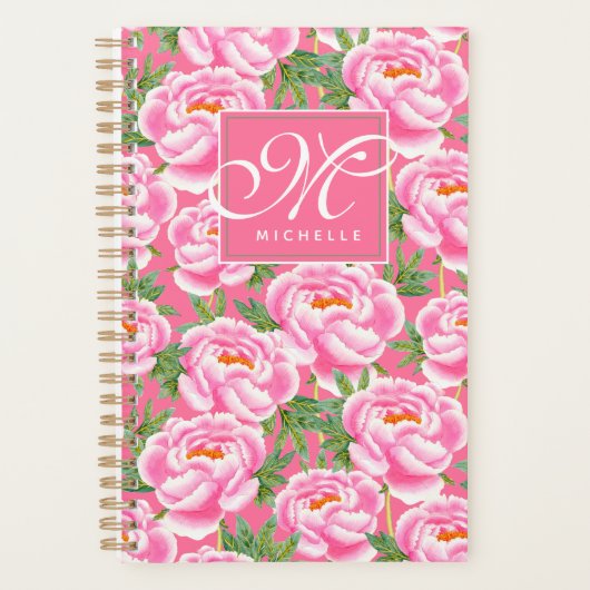 Elegantes Peonies-Muster - Hot Pink, Mit Monogramm Planer (Vorderseite)