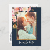 Elegantes Peonies Rustic Lanterns Navy Coral Foto Ankündigungspostkarte (Vorne/Hinten)