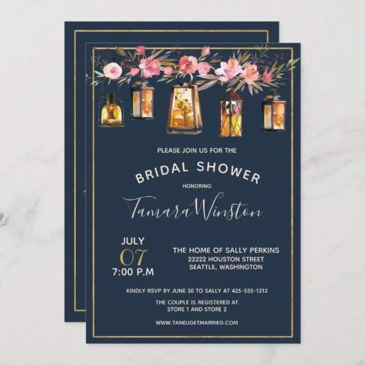 Elegantes Peonies Rustic Lanterns Navy Koral Flora Einladung (Vorne/Hinten)