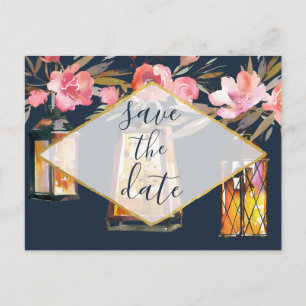 Elegantes Peonies Rustic Lanterns Navy Korallenhoc Ankündigungspostkarte