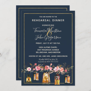 Elegantes Peonies Rustic String Lights Navy Coral Einladung