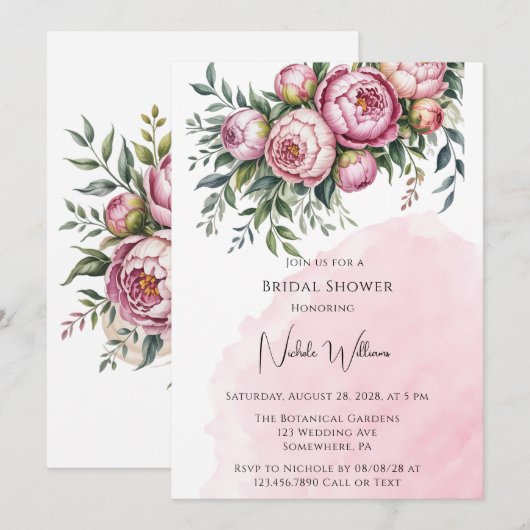 Elegantes Peony Floral Brunch & Bubbly Einladung (Vorne/Hinten)