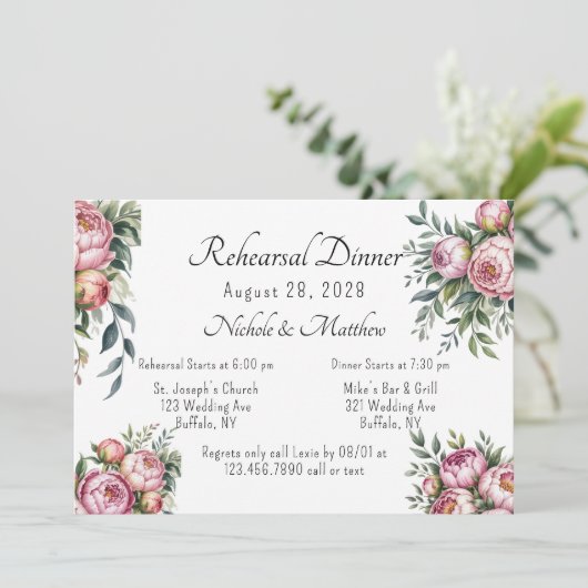 Elegantes Peony Floral Hochzeit Probe Dinner Einladung (Stehend Vorderseite)