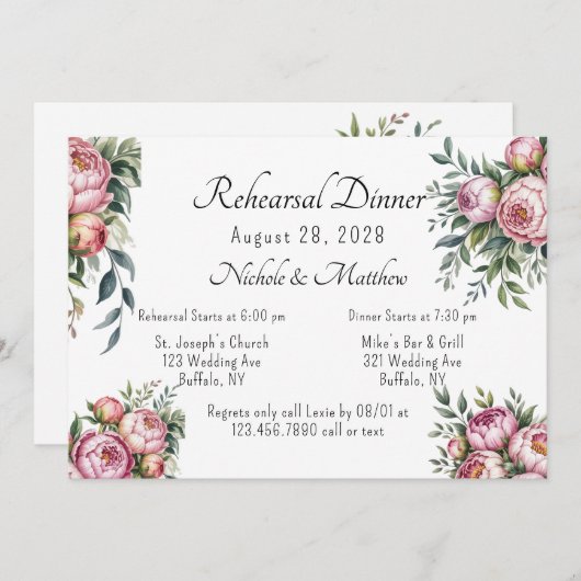 Elegantes Peony Floral Hochzeit Probe Dinner Einladung (Vorne/Hinten)
