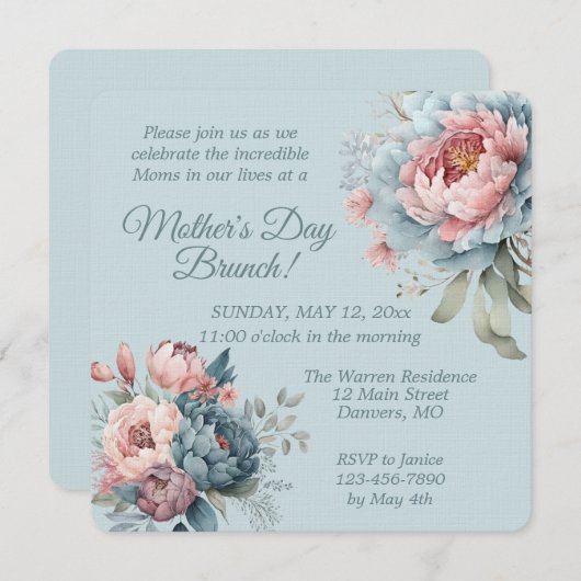 Elegantes Peony Floral Mother's Day Brunch Einladung (Vorne/Hinten)
