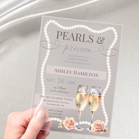 Elegantes Perlen & Prosecco Brautparty Acryleinladungen