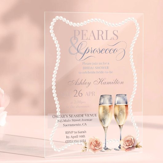 Elegantes Perlen & Prosecco Brautparty Acryleinladungen