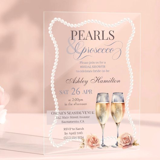 Elegantes Perlen & Prosecco Brautparty Acryleinladungen