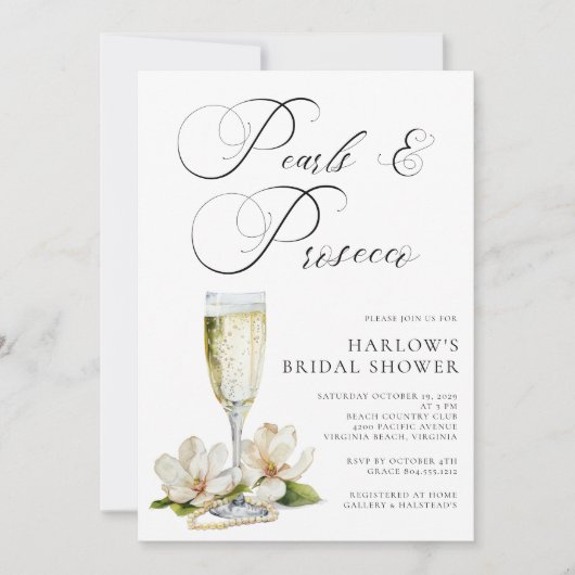 Elegantes Perlen und Prosecco-Brautparty Einladung (Vorderseite)