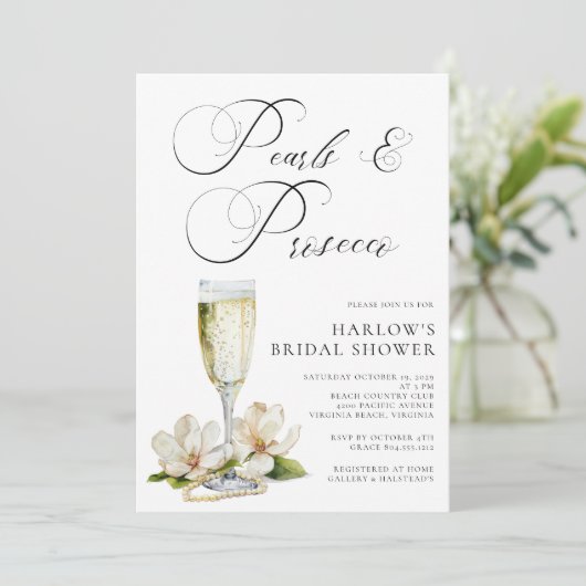 Elegantes Perlen und Prosecco-Brautparty Einladung (Stehend Vorderseite)