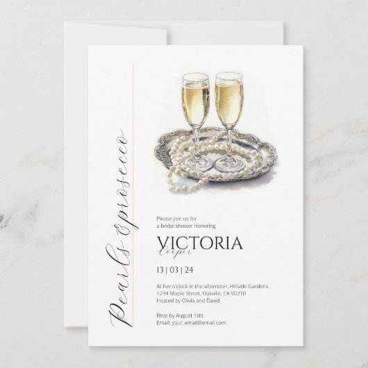 Elegantes Perlen und Prosecco-Brautparty Einladung (Vorderseite)